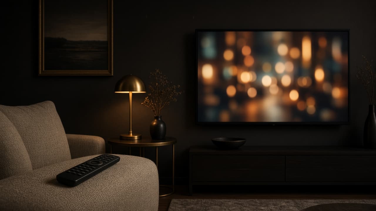 A remote on a sofa beside a television showing a warm, blurred picture