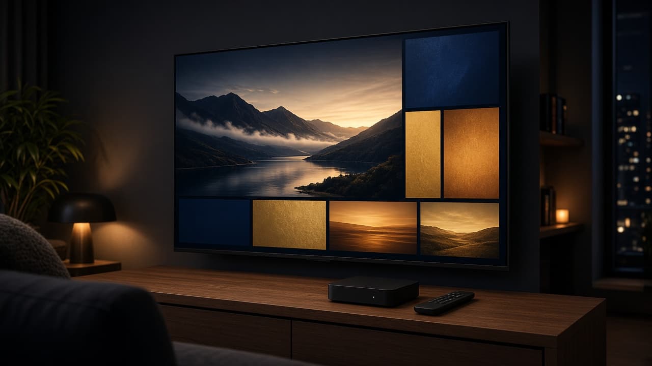 A large television in a dark living room, with a streaming box and remote on the cabinet