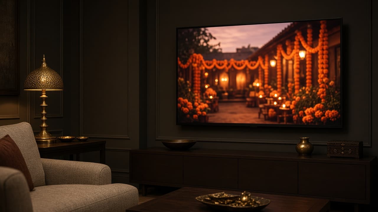 A television in a living room showing a warm courtyard scene, with a brass lamp beside the sofa