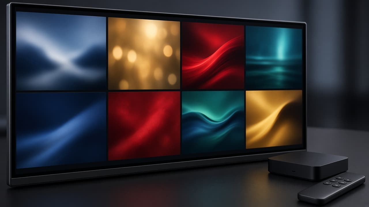 Close view of a television showing a grid of colour tiles, with a streaming box and remote