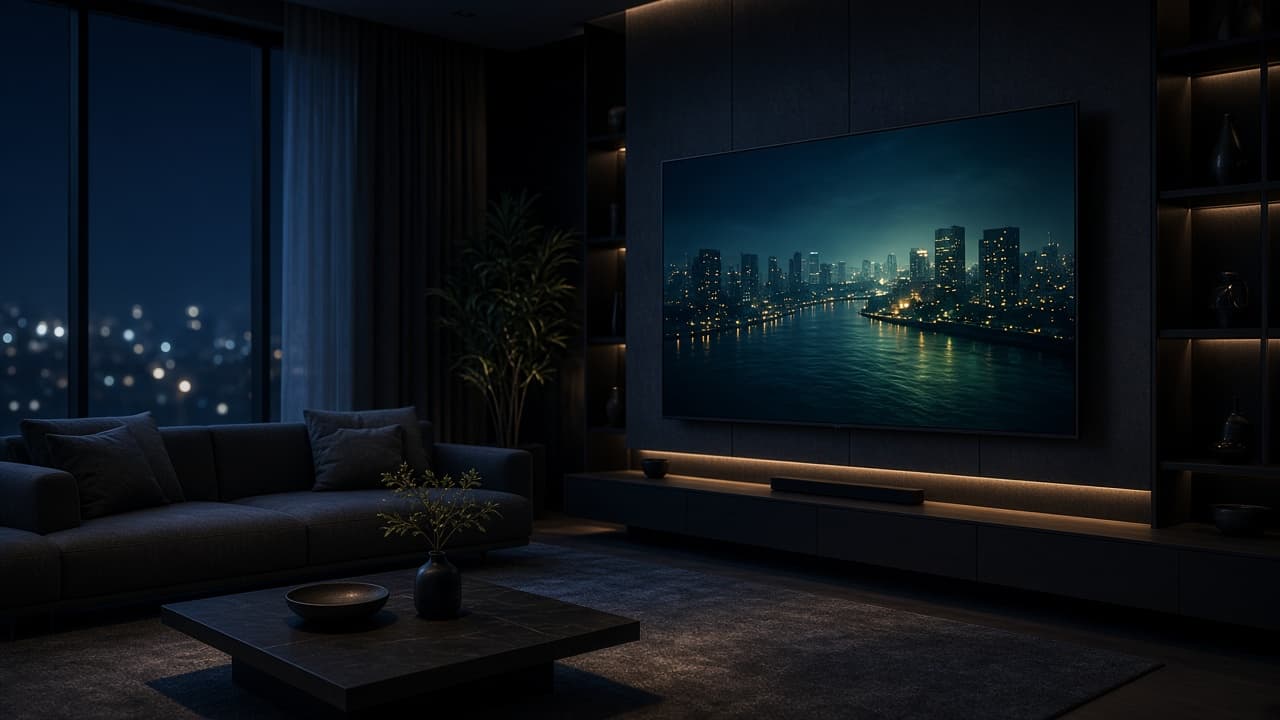 A wall-mounted television in a night living room showing a city skyline over water
