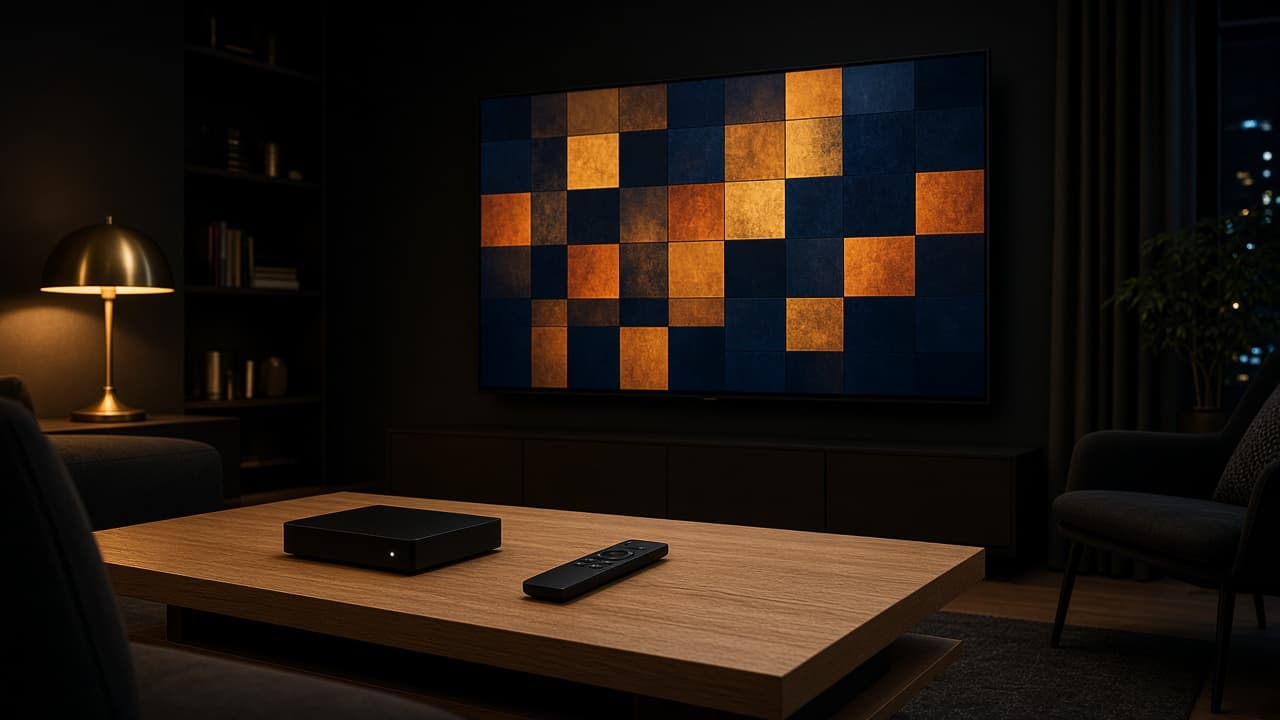 A television showing a gold and navy tile pattern, with a streaming box and remote on the table